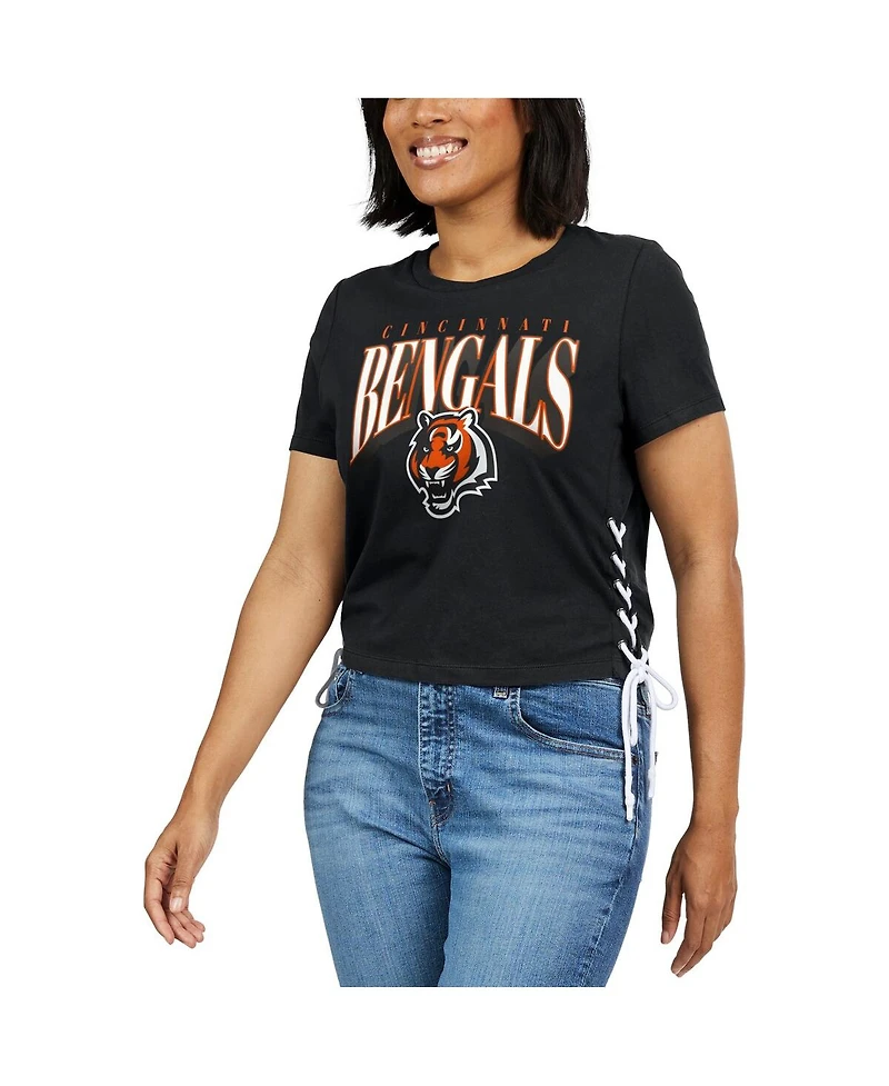 Wear by Erin Andrews Women's Black Cincinnati Bengals Lace Up Side Modest Cropped T-Shirt