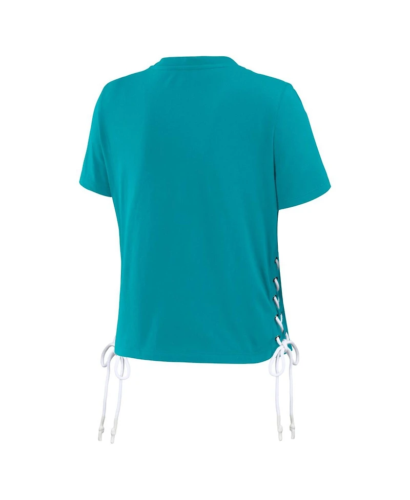 Wear by Erin Andrews Women's Aqua Miami Dolphins Lace Up Side Modest Cropped T-Shirt