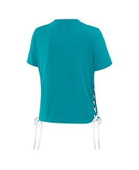 Wear by Erin Andrews Women's Aqua Miami Dolphins Lace Up Side Modest Cropped T-Shirt
