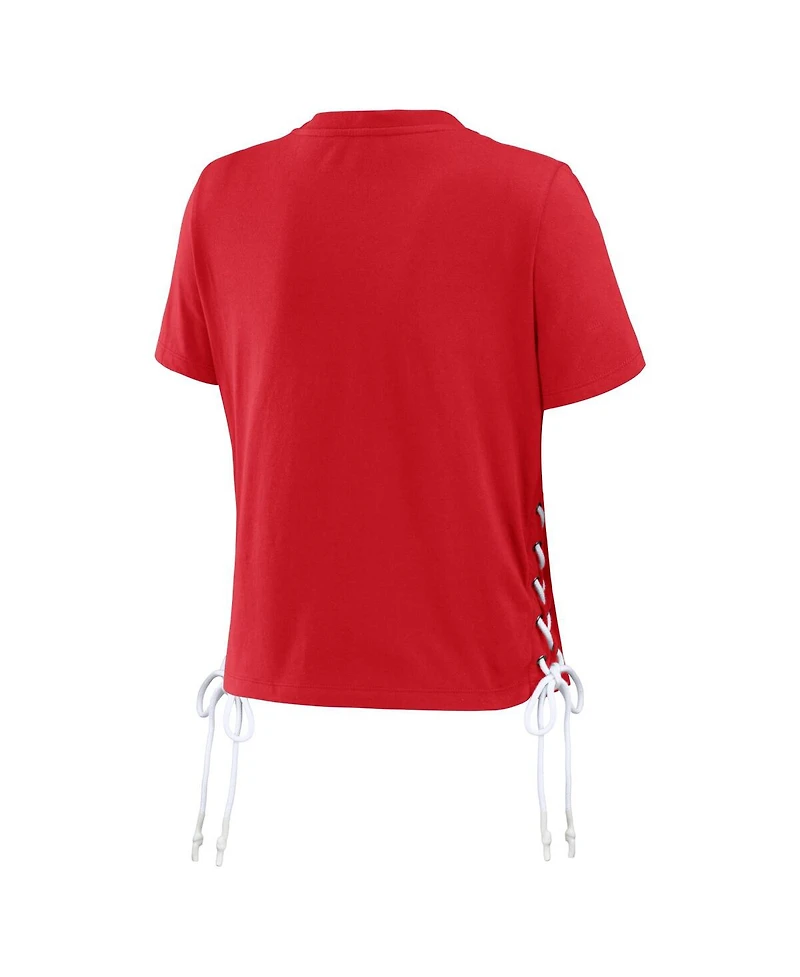 Wear by Erin Andrews Women's Red Wisconsin Badgers Side Lace-Up Modest Crop T-Shirt