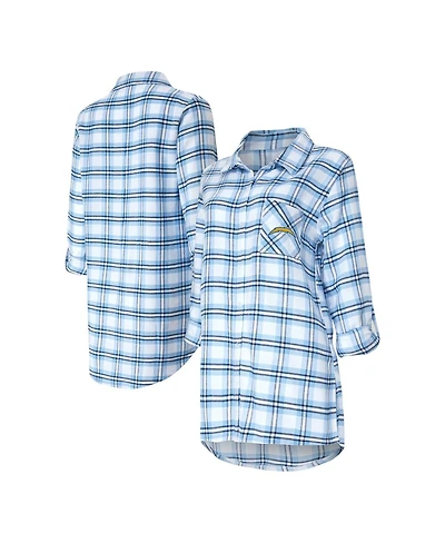 Concepts Sport Women's Powder Blue Los Angeles Chargers Sienna Plaid Full-Button Long Sleeve Nightshirt