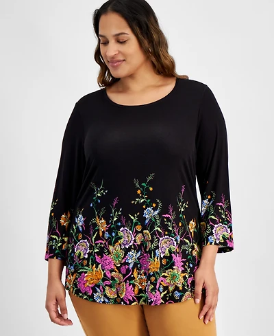 Jm Collection Plus Size Mirella Scoop-Neck 3/4-Sleeve Top, Created for Macy's