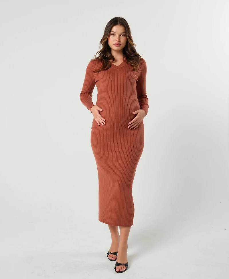 Marion Maternity Maxi Nursing V-Neck Sweater Dress Cotton Knit