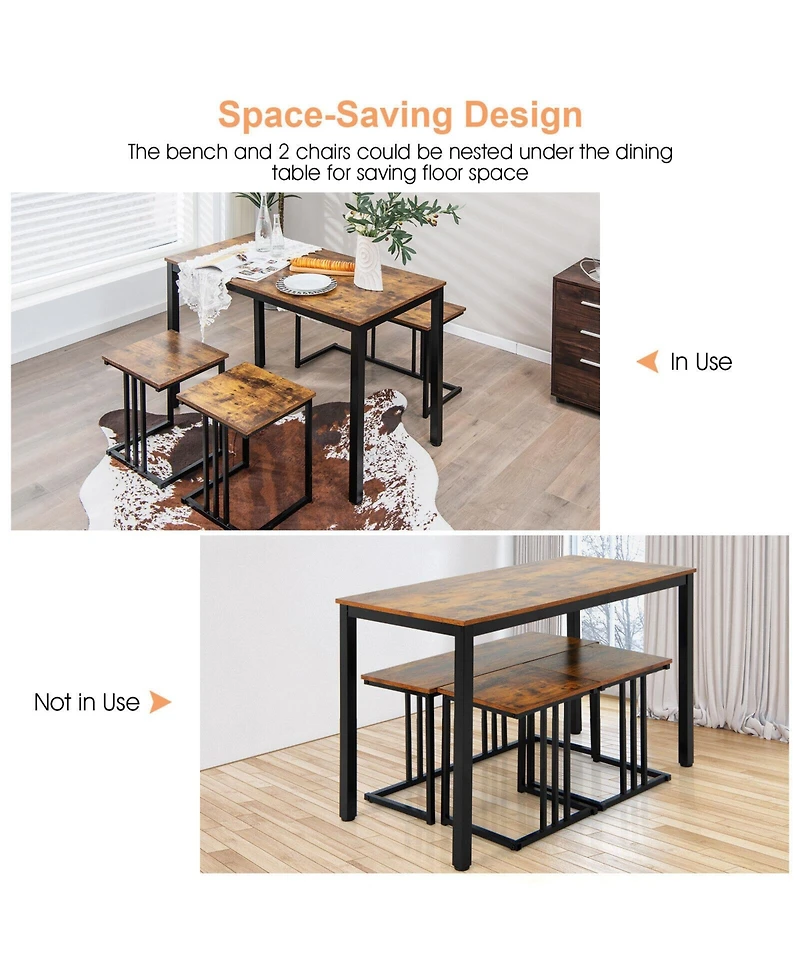 Sugift 4 Pieces Space-Saving Dining Table Set with Bench and 2 Stools