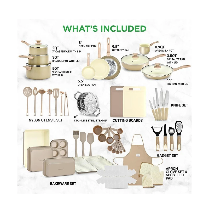 NutriChef 54 Pcs. Home Kitchen Cookware, Kitchen Tools, and Bakeware Set - High-Quality Ceramic Kitchenware Pots and Pans (Taupe Brown)
