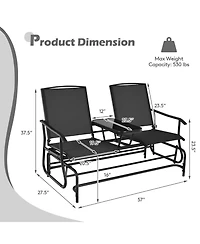 Sugift 2-Person Double Rocking Loveseat with Mesh Fabric and Center Tempered Glass Table
