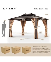 Sugift 10x13ft Double-Roof Patio Hardtop Gazebo with Galvanized Steel Roof Netting and Curtains-Coffee