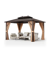 Sugift 10x13ft Double-Roof Patio Hardtop Gazebo with Galvanized Steel Roof Netting and Curtains-Coffee