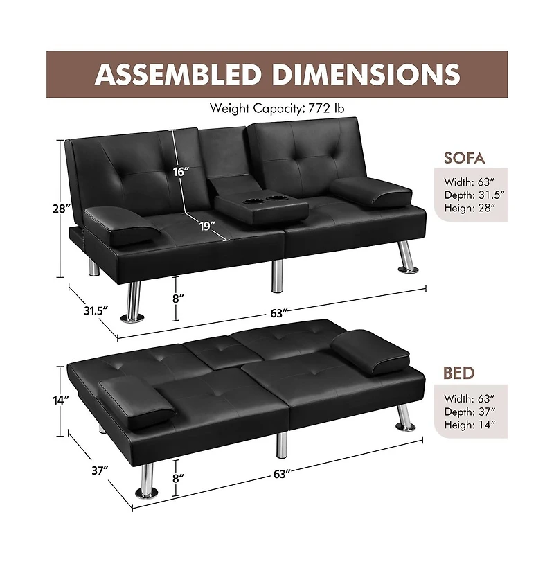 Yaheetech Faux Leather Convertible Futon Sofa Bed with 2 Throw Pillows