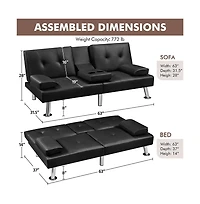 Yaheetech Faux Leather Convertible Futon Sofa Bed with 2 Throw Pillows