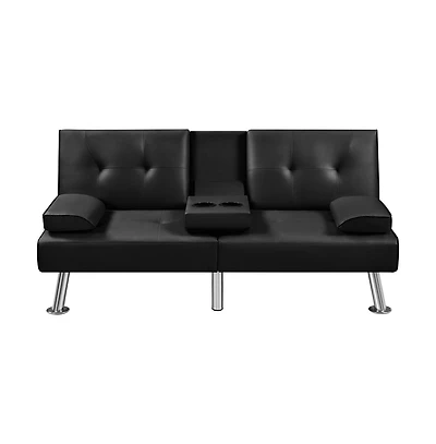 Yaheetech Faux Leather Convertible Futon Sofa Bed with 2 Throw Pillows