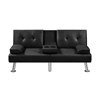 Yaheetech Faux Leather Convertible Futon Sofa Bed with 2 Throw Pillows