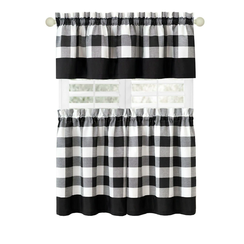 Kate Aurora Modern Country Farmhouse 3 Piece Plaid Checkered Cafe Kitchen Curtain Tier & Valance Set