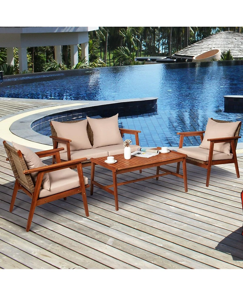 Sugift 4 Pieces Acacia Wood Patio Rattan Furniture Set with Cushions