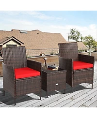 3 Pieces Patio Cushioned Rattan Conversation Set With Glass Table Top