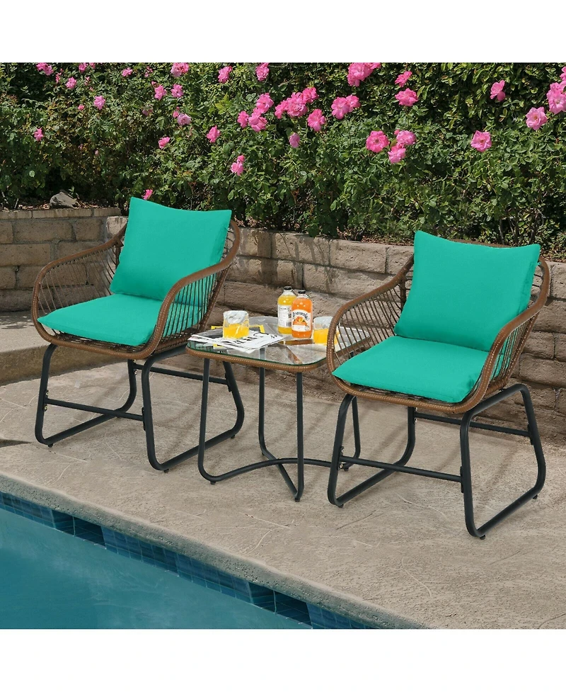 3 Pieces Patio Rattan Bistro Set with Cushions and Glass Table