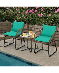 3 Pieces Patio Rattan Bistro Set with Cushions and Glass Table