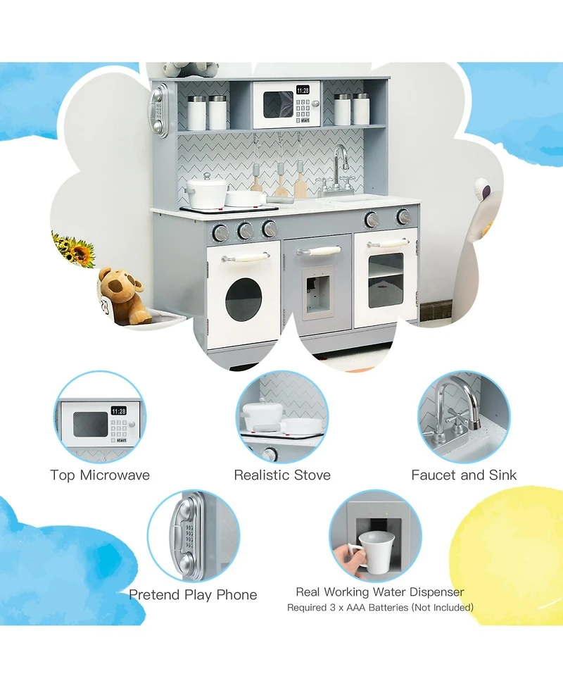 Sugift Wooden Kitchen Pretend Play Toy for Kids with Realistic Light and Sound