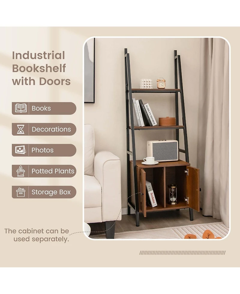 2 Pcs Ladder Shelf Industrial Bookcase with Cabinet Metal Frame for Living Room