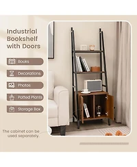 2 Pcs Ladder Shelf Industrial Bookcase with Cabinet Metal Frame for Living Room