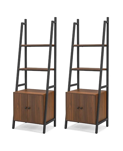 2 Pcs Ladder Shelf Industrial Bookcase with Cabinet Metal Frame for Living Room