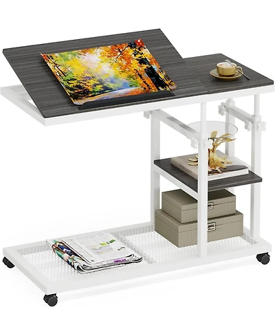 Tribesigns Height Adjustable C Table with Wheels, Mobile Couch Snack Side Table with Tiltable Drawing Board, Sofa Bedside Laptop Stand C Shaped Tv Tra