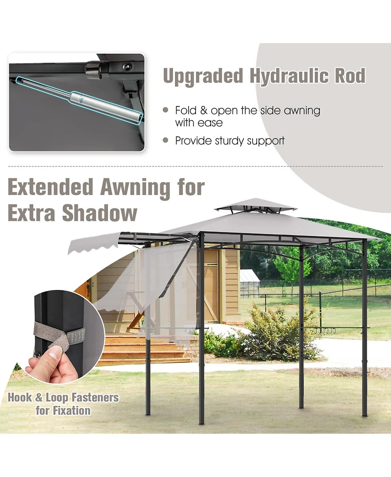 10.5 x 5 Ft Grill Gazebo with Side Awning and Double-Tiered Top-Gray