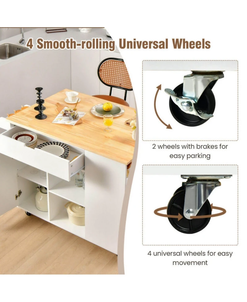 Sugift Drop-Leaf Kitchen Island Cart with Rubber Wood Top