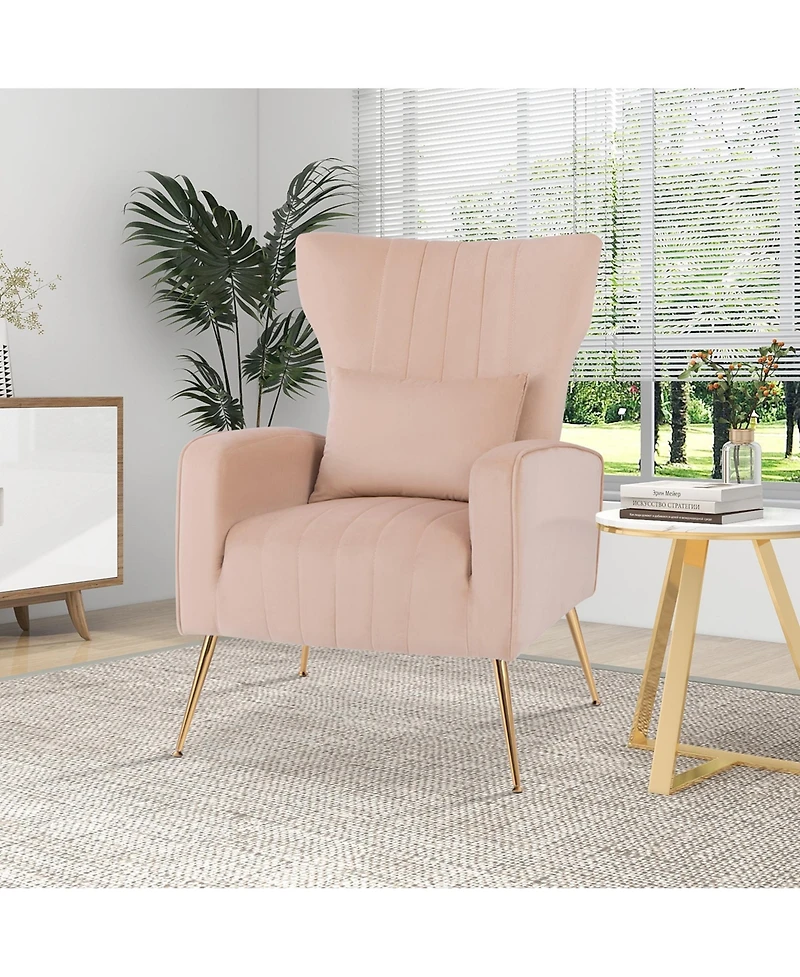 Velvet Upholstered Wingback Chair with Lumbar Pillow & Golden Metal Legs