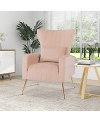 Velvet Upholstered Wingback Chair with Lumbar Pillow & Golden Metal Legs