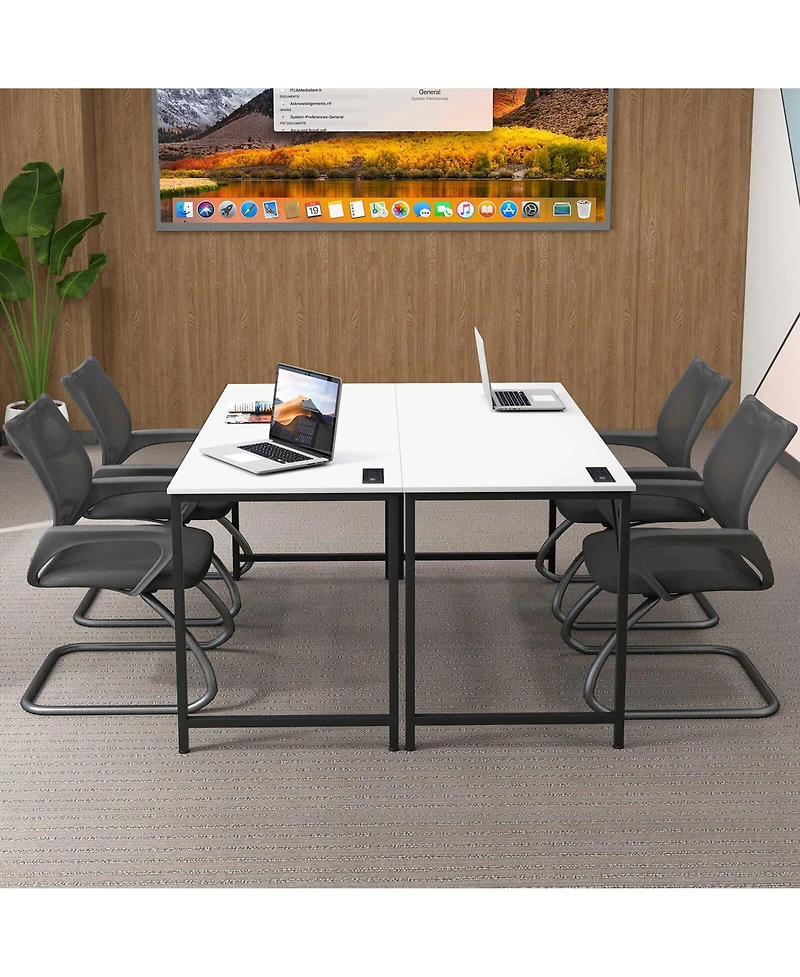Set of 2 Meeting Room Desk with Charging Station & Headphone Hook Metal Frame