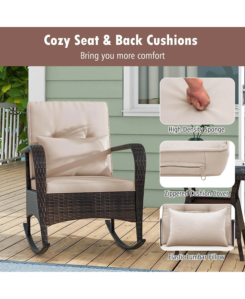 3 Pcs Rocking Bistro Set with Removable Cushions & Tempered Glass Top Coffee Table