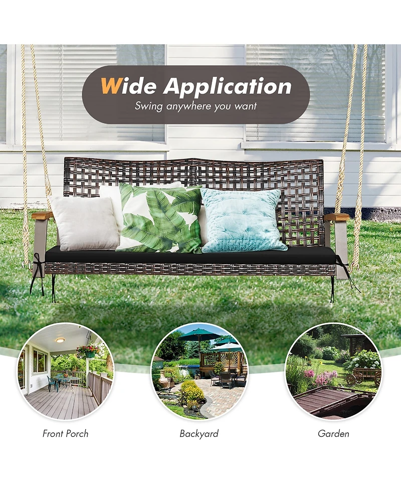 2-Person Patio Rattan Hanging Swing Chair Porch Loveseat Cushion Off White