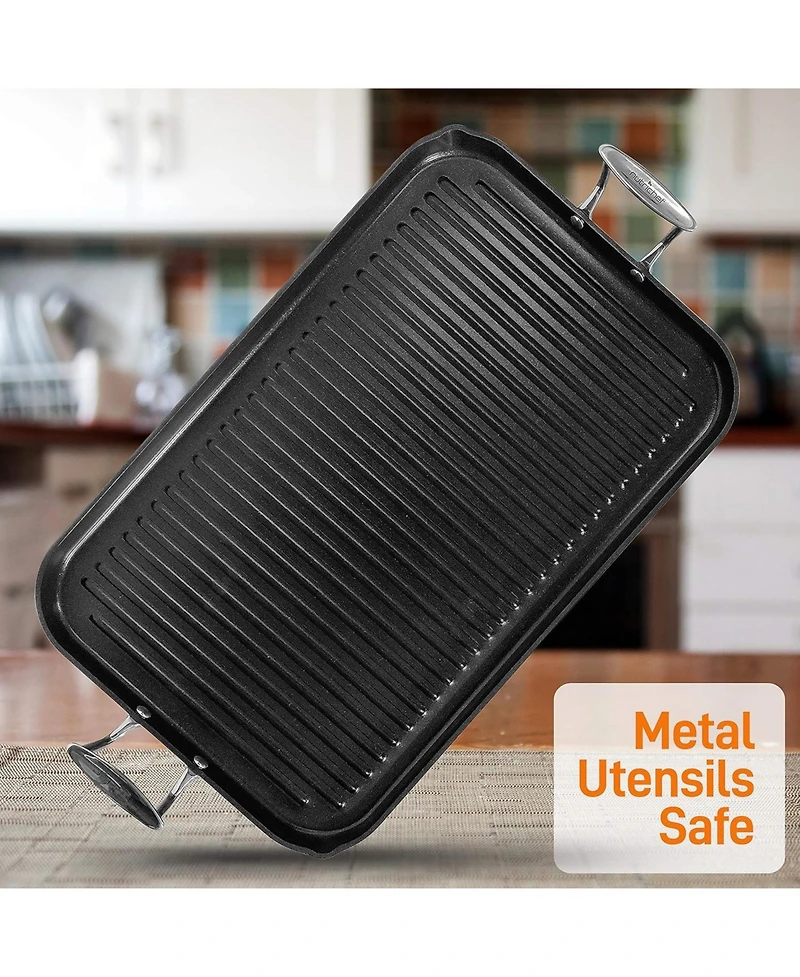 NutriChef Hard-Anodized Nonstick Grill & Griddle - Dishwasher Safe Nonstick Double Burner Grill Cookware, 20 x 13 -inches