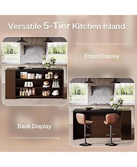 Tribesigns 55" Kitchen Island with Storage, Farmhouse 5-Tier Stationary Island Table with 5 Shelves, Wood Coffee Bar Table Storage Cabinet with Large