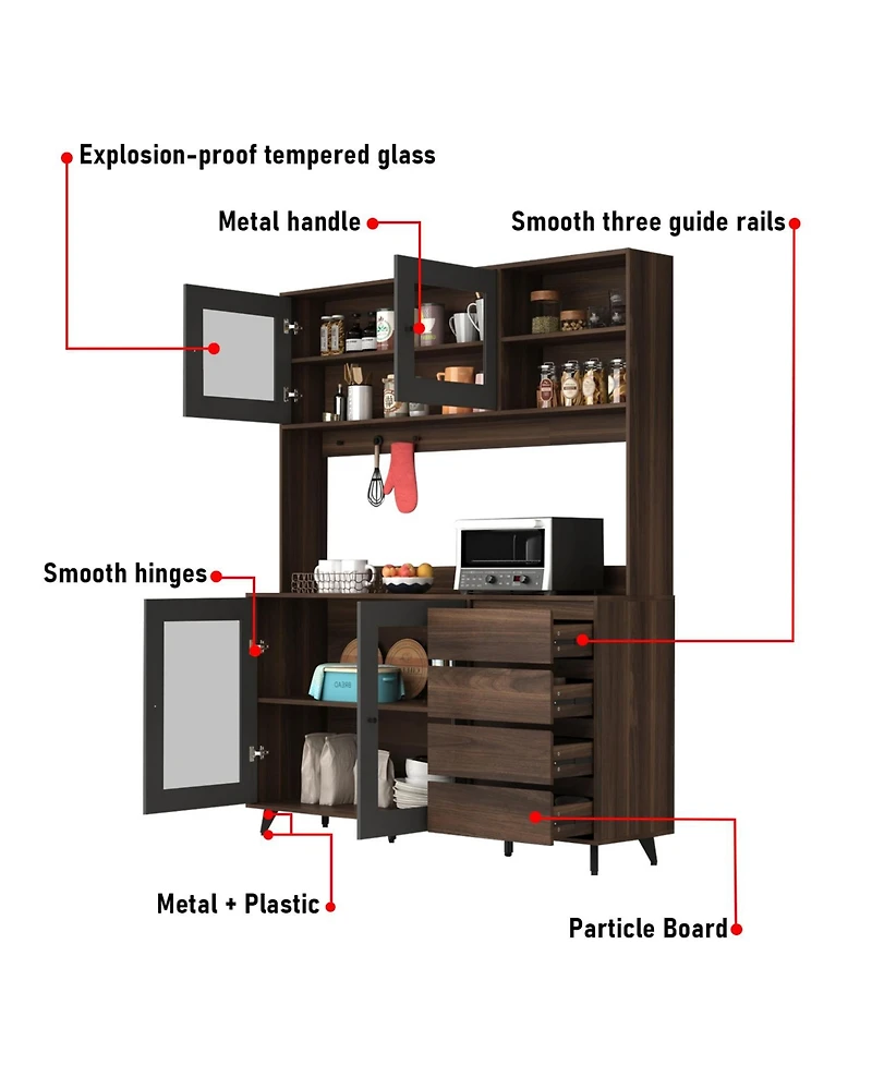 Famapy Kitchen Dining Food Pantries Sideboard with 4-Drawers and Glass Doors