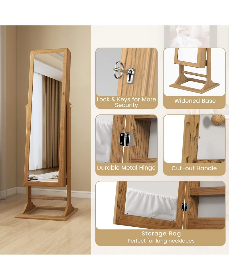 Freestanding Lockable Jewelry Armoire with Full-Length Mirror and 6 Led Lights-Natural