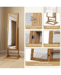 Freestanding Lockable Jewelry Armoire with Full-Length Mirror and 6 Led Lights-Natural