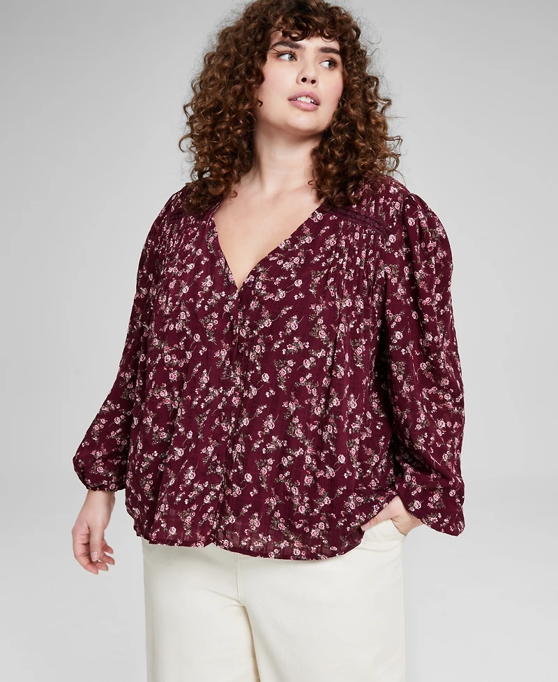 And Now this Plus Size Floral Lace-Trim Button-Front Top, Created for Macy's