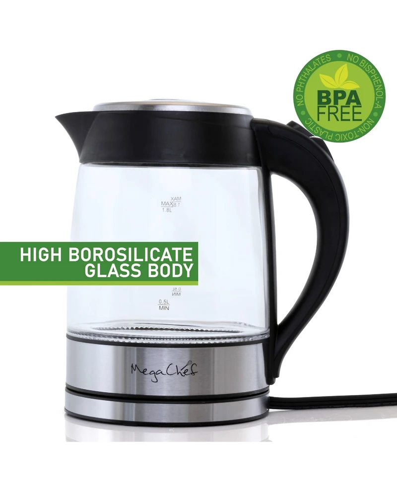 MegaChef 1.8 Quart Glass Body and Stainless Steel Electric Tea Kettle