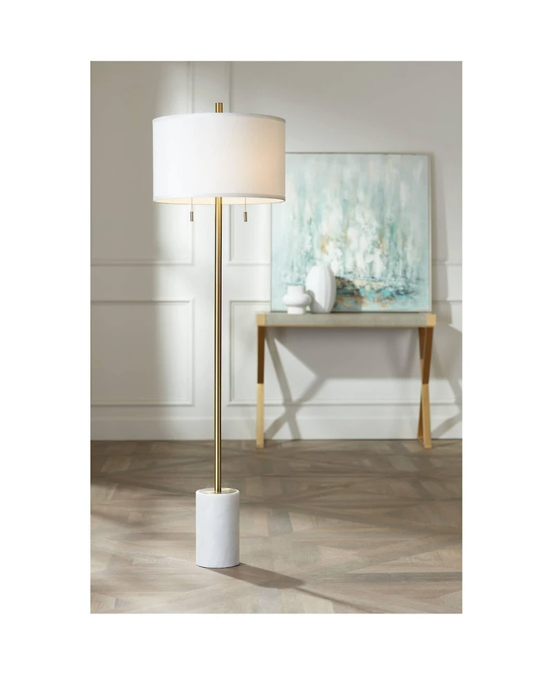 Possini Euro Design Luxe Italian Style Floor Lamp 64" Tall Gold Metal White Linen Drum Shade for Living Room Reading House Bedroom Office