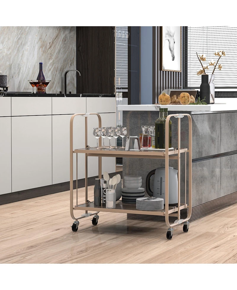 Sugift 2-Tier Mobile Serving Cart with Tempered Glass Shelf