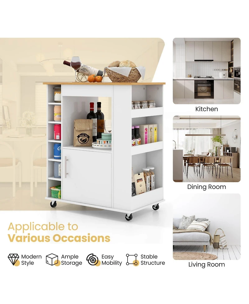 Sugift Kitchen Cart on Wheels with Bamboo Top and 6-Bottle Wine Rack