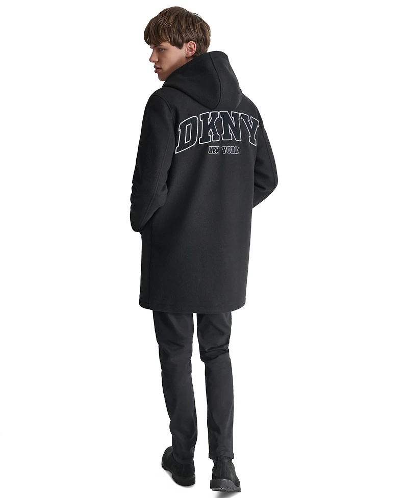 Dkny Men's Tufted-Chenille Logo Applique Long Hooded Stadium Coat