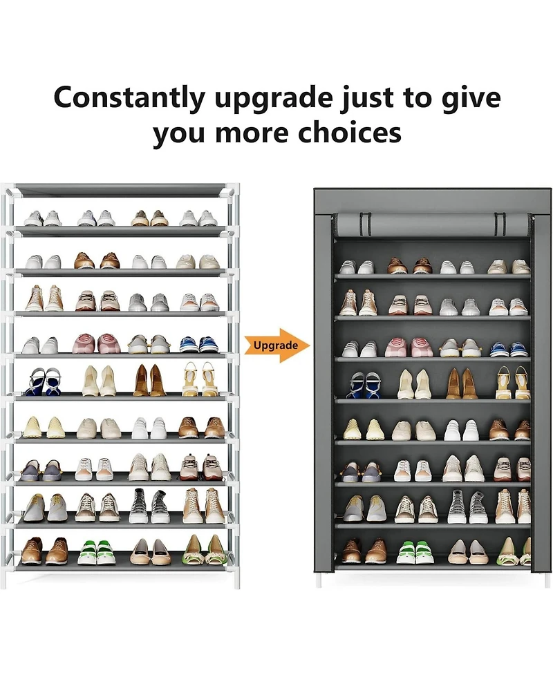Tribesigns 10 Tier Shoes Rack with Cover, Shoes Racks Organizer for Closet, 50 Pair Large Shoe Stand, Non-Woven Shoe Storage Cabinet (Grey)