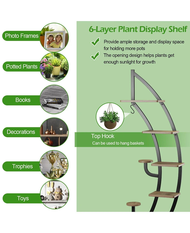 6-Tier 9 Potted Metal Plant Stand Holder Display Shelf with Hook