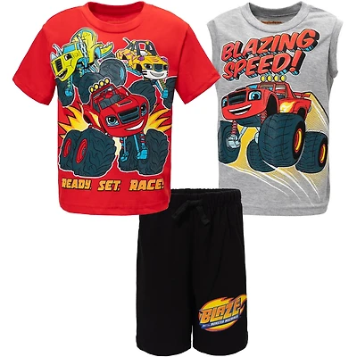 Blaze and the Monster Machines Toddler Boys Pullover T-Shirt Tank Top and Bike Shorts French Terry 3 Piece Outfit Set