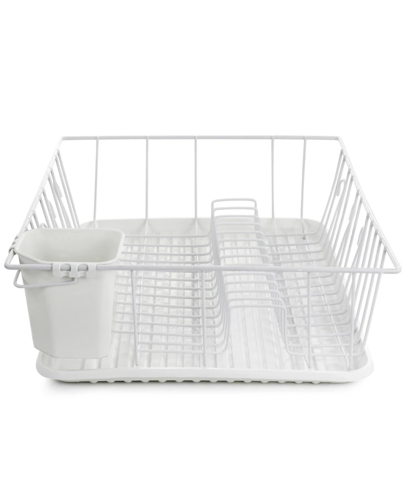 MegaChef 17.5 Inch White Single Level Dish Rack with 14 Plate Positioners and a Detachable Utensil Holder