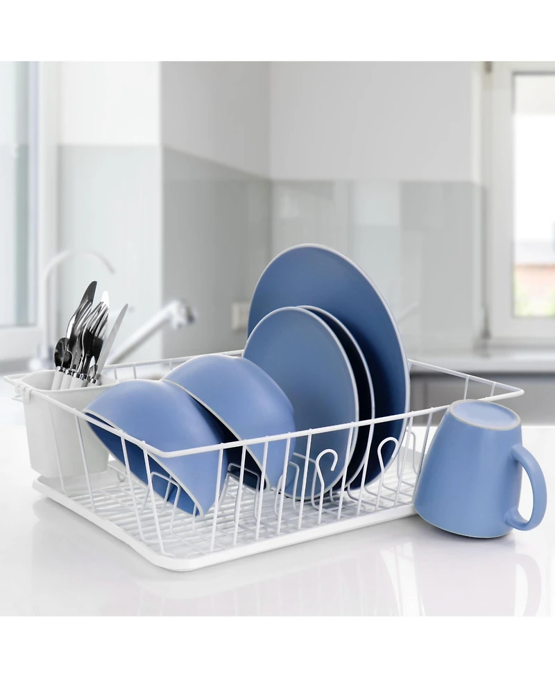 MegaChef 17.5 Inch White Single Level Dish Rack with 14 Plate Positioners and a Detachable Utensil Holder