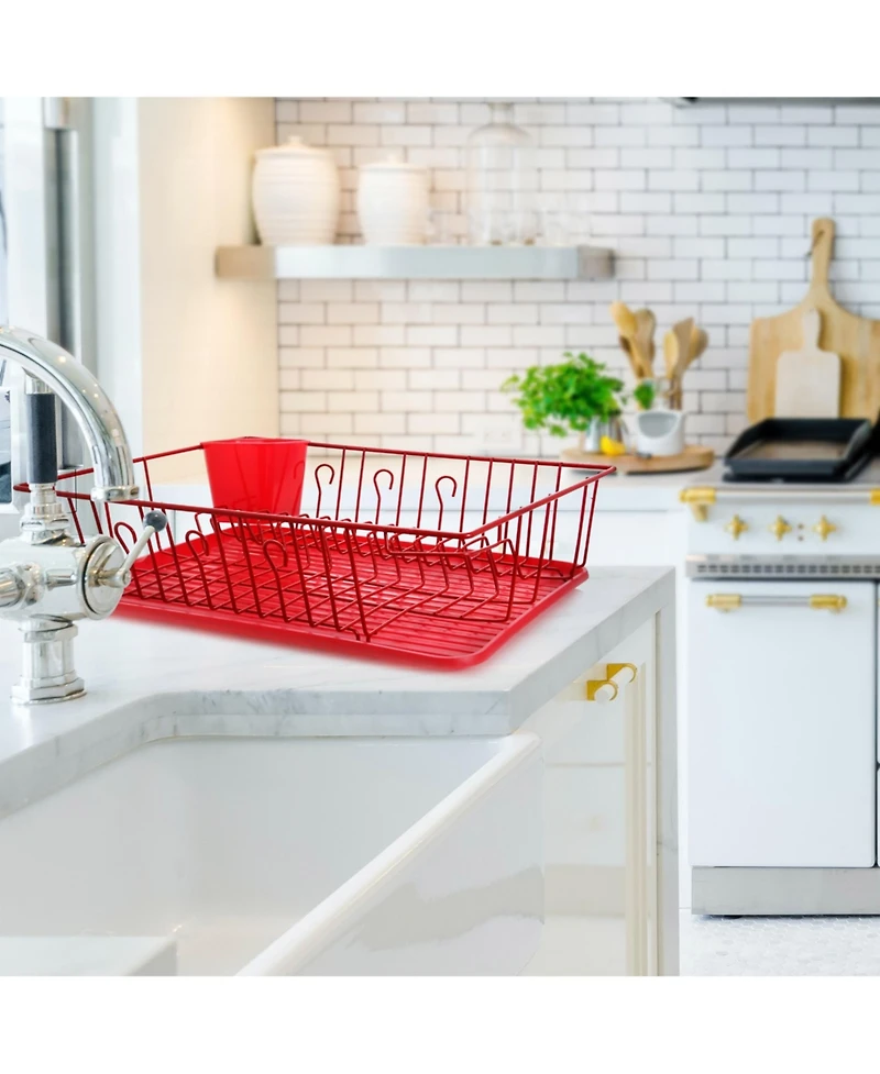 MegaChef 17.5 Inch Red Dish Rack with 14 Plate Positioners and a Detachable Utensil Holder